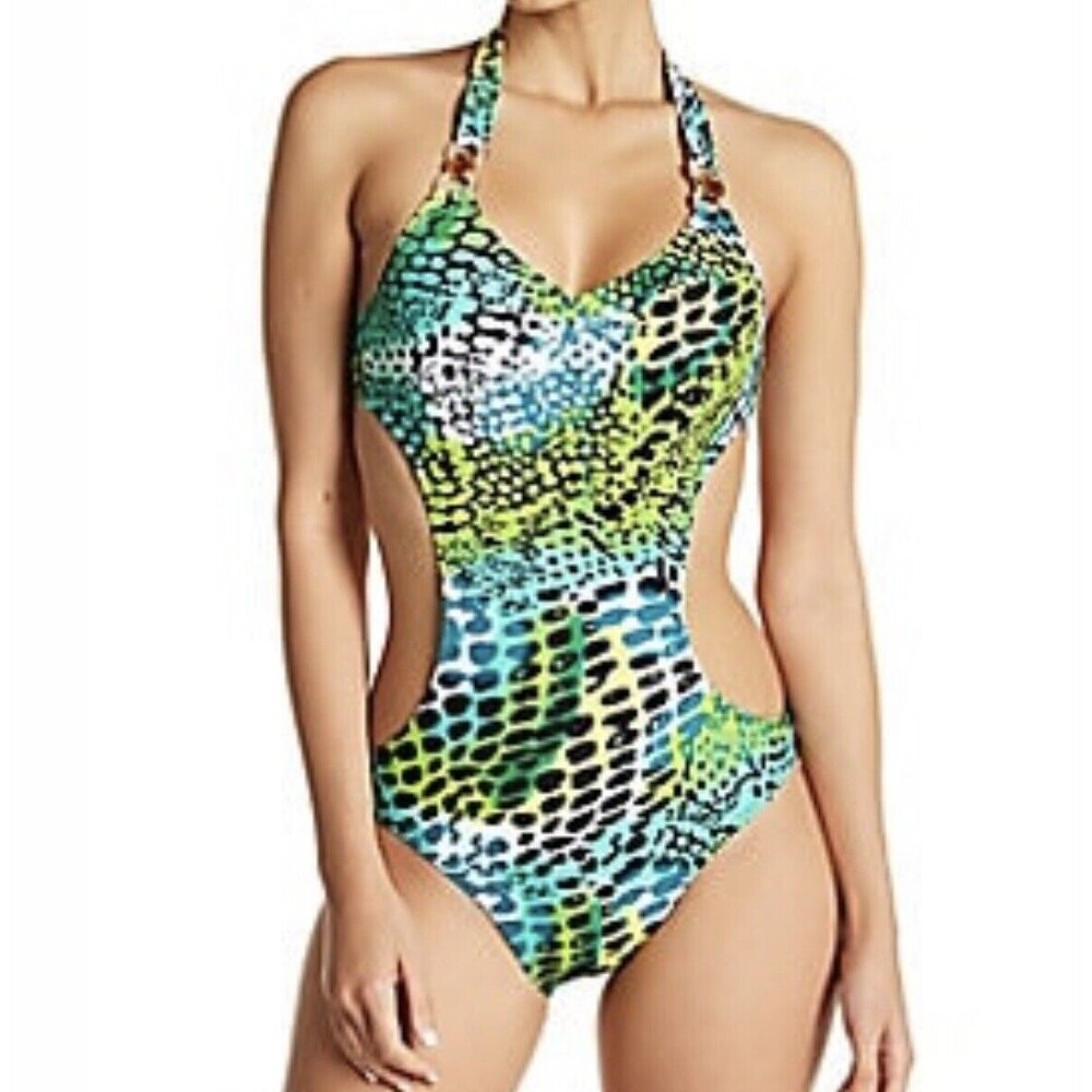 La Moda Swim XL NWT Monokini Cut Out Halter‎ One-Piece Animal Print Rhinestones